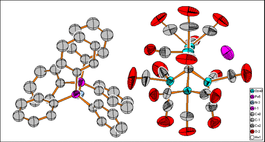 Molecule of bis(triphenylphosphineiminium) 15-carbonylpentaosmium carbide iodide